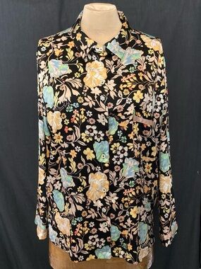 Victoria's Secret Silky Polyester Black Floral Pajama Top with Pastel Blooms